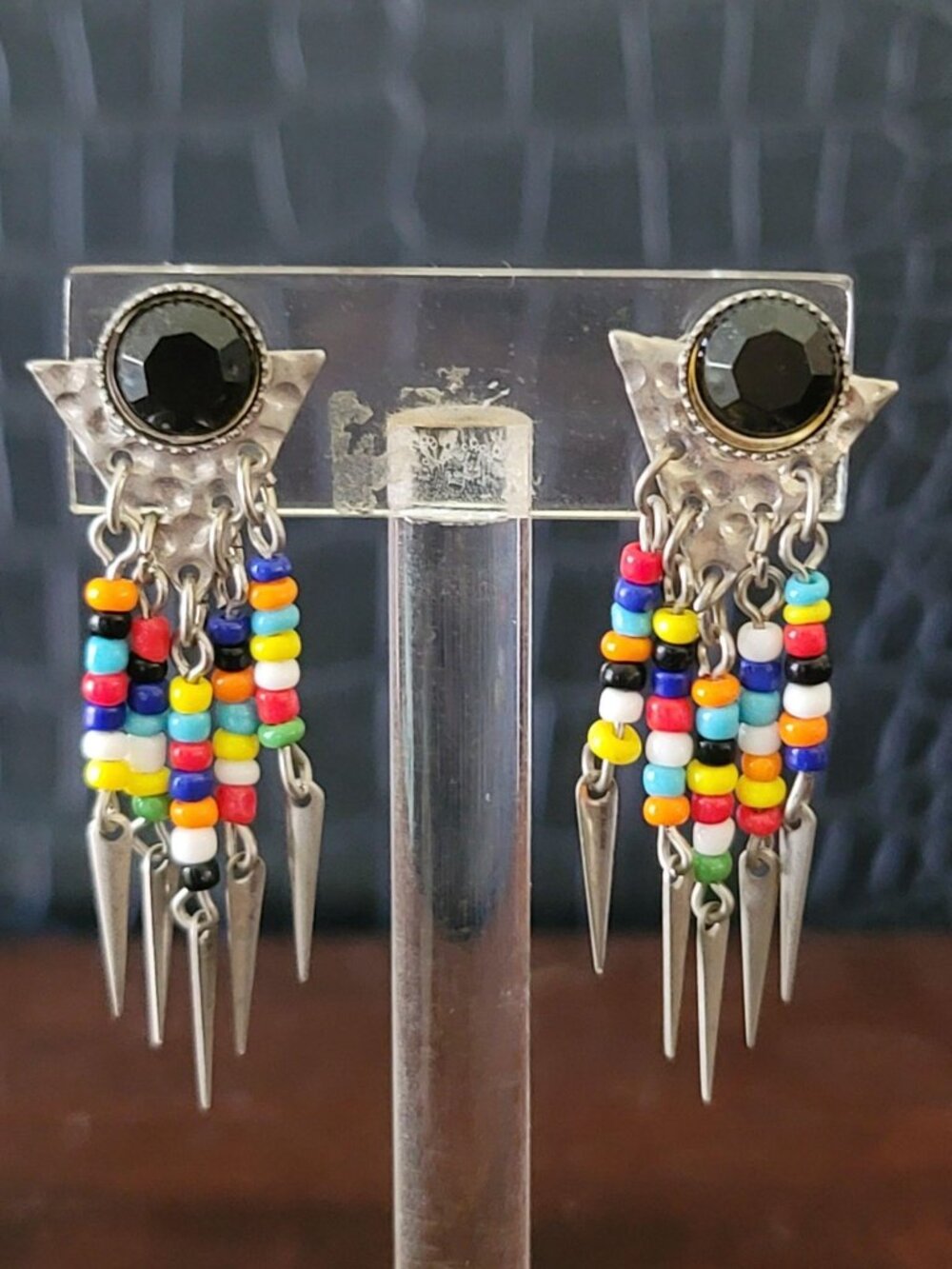 Vintage 1980s Boho Rainbow Seed Bead Dangle Earrings with Silver Spikes